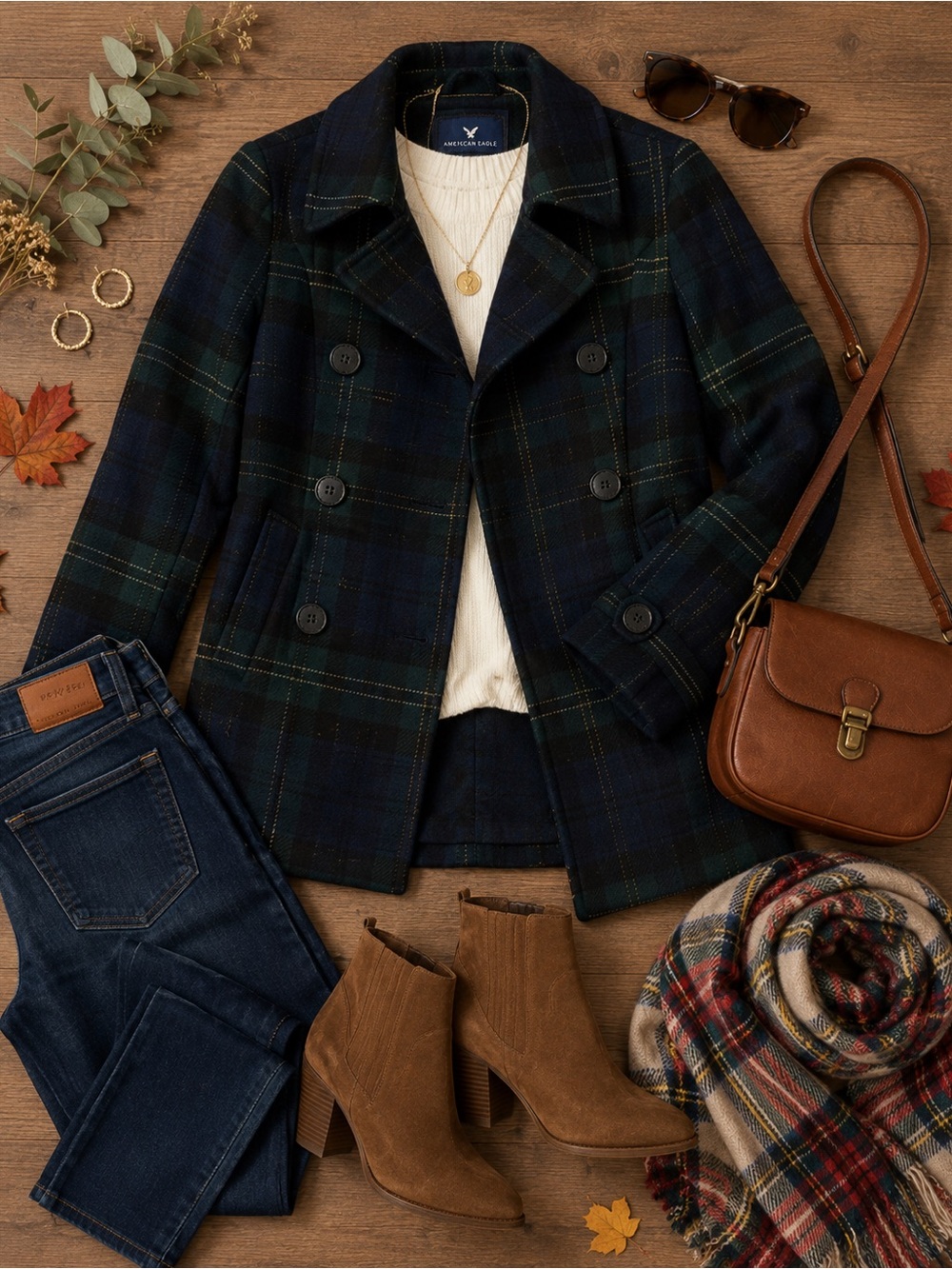 American Eagle Outfitters Plaid Pea Coat - Black and Green